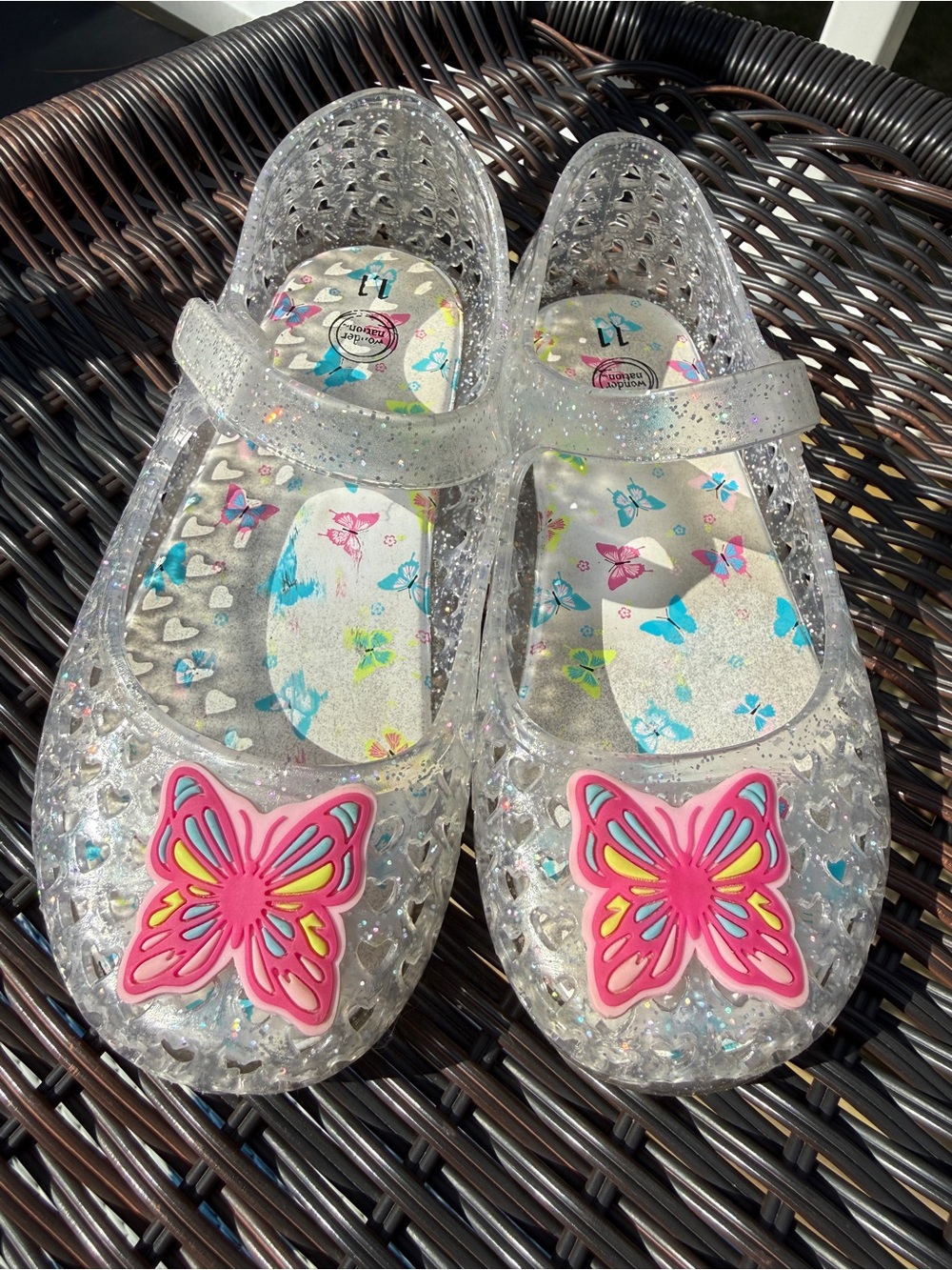 wonder nation Clear Glitter Jelly Sandals with Pink Butterfly Accent